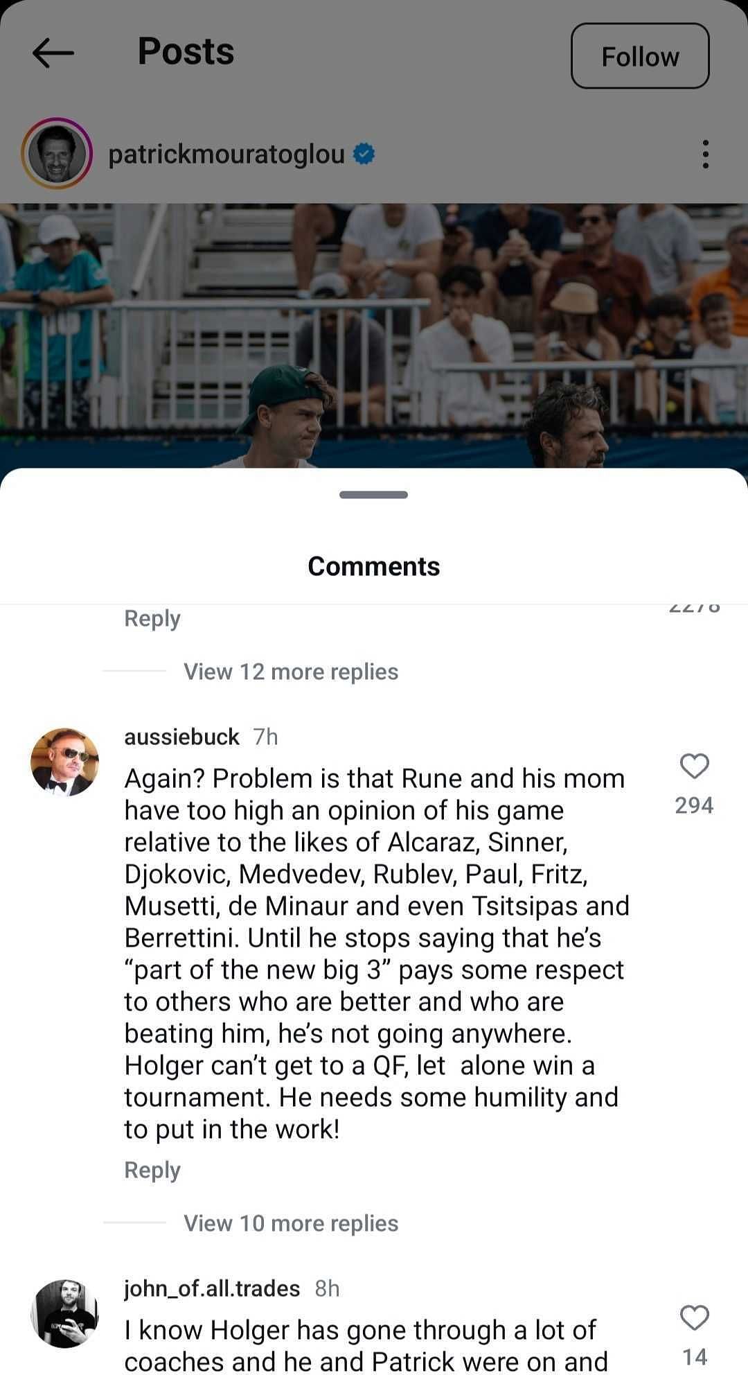 Fan reactions to Patrick Mouratoglou's Instagram post about split with Holger Rune. (Instagram @patrickmouratoglou)
